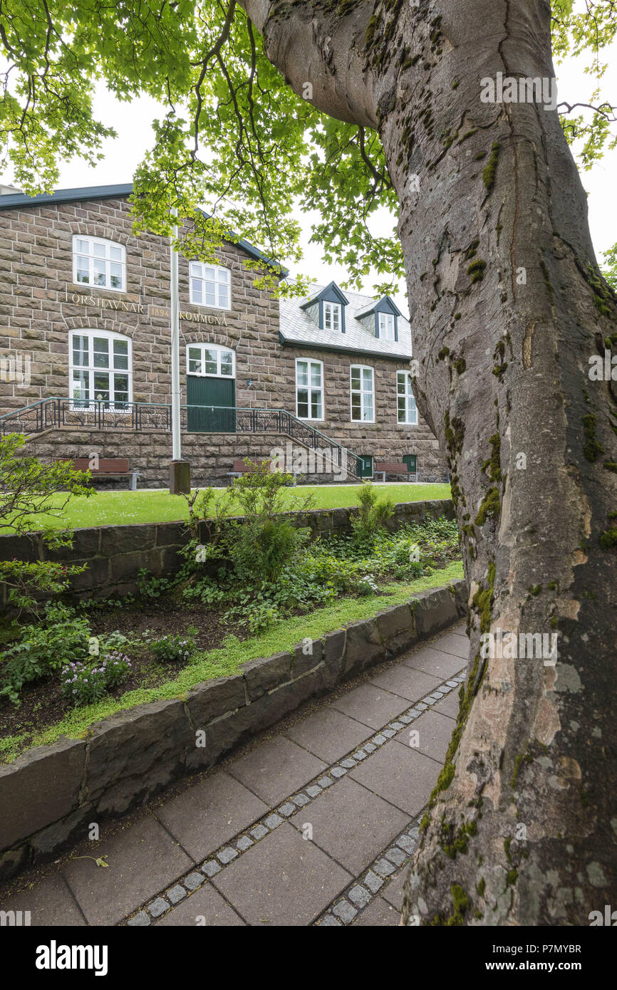 Traditionelle Häuser und Gärten, Torshavn, Streymoy Island, Färöer, Dänemark Stockfoto