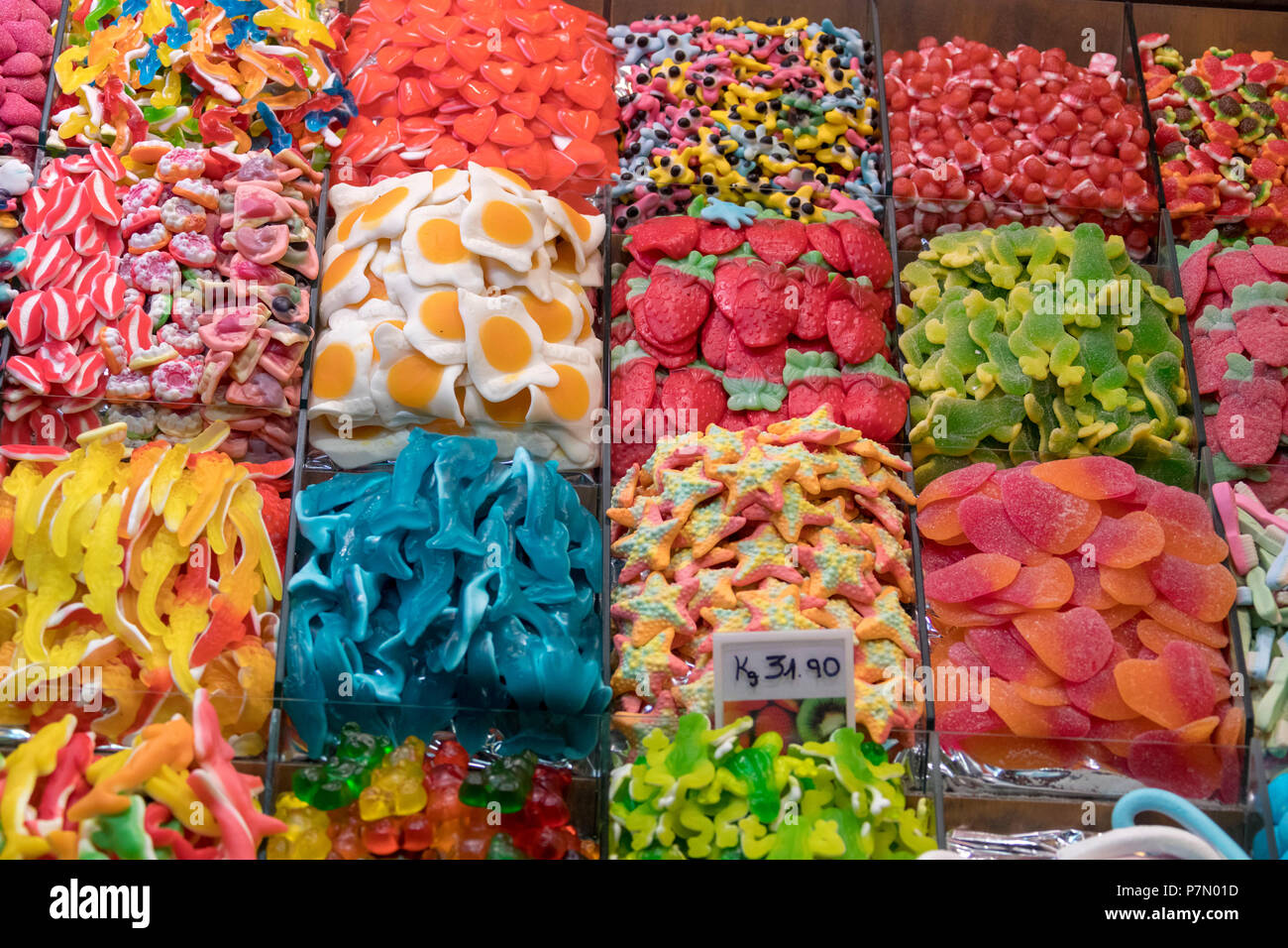 Abschaltdruck der Süßigkeiten, La Boqueria Markt, Ciudad Vieja, Barcelona, Katalonien, Spanien Stockfoto