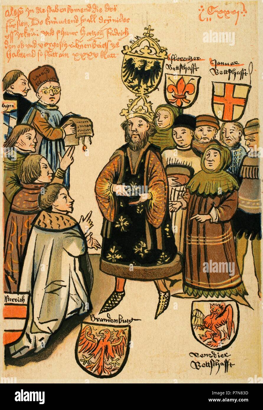 Friedrich i., Kurfürst von Brandenburg (1371-1440). Burggraf von Nürnberg als Friedrich VI. Erstes Mitglied aus dem Haus Hohenzollern, die Markgrafschaft Brandenburg zu regieren. Investitur von Friedrich. Kopie eines Originals von Ulrich Richenthal (15. Jh.). Stockfoto