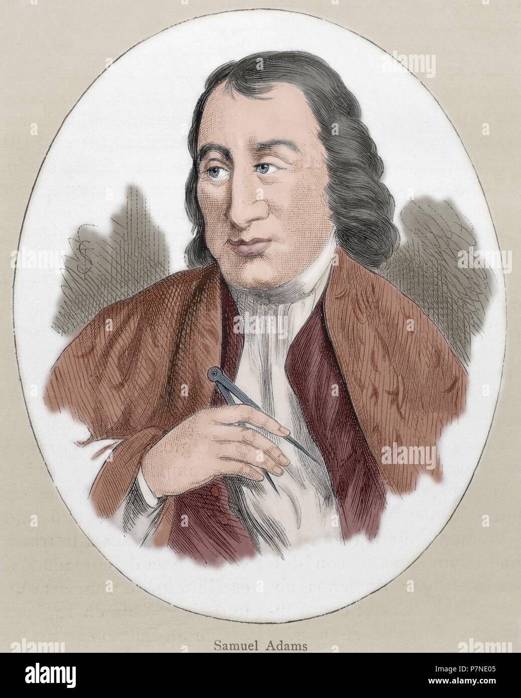 Samuel Adams (1722-1803). Amerikanischer Staatsmann, politischer Philosoph und einer der Gründerväter der Vereinigten Staaten. Porträt. Gravur. Farbige. Stockfoto