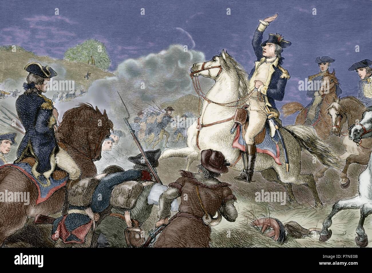 Amerikanischer Unabhängigkeitskrieg (1775-1783). George Washington (1732-1799), Oberbefehlshaber der Kontinentalarmee, Kommandeur der Truppen in der Schlacht von Monmouth (1778). Gravur. des 19. Jahrhunderts. Farbige. Stockfoto