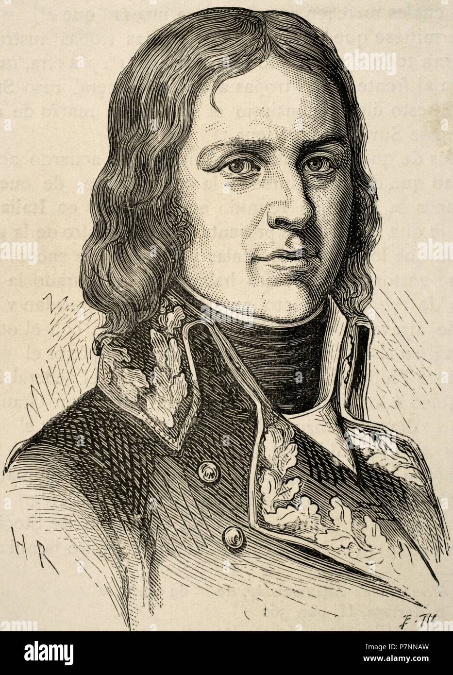 Jean Etienne Championnet (1762-1800). Militärische und französischer Politiker. Porträt. Kupferstich von E. Thiers. "Historia de Francia", 1881. Stockfoto