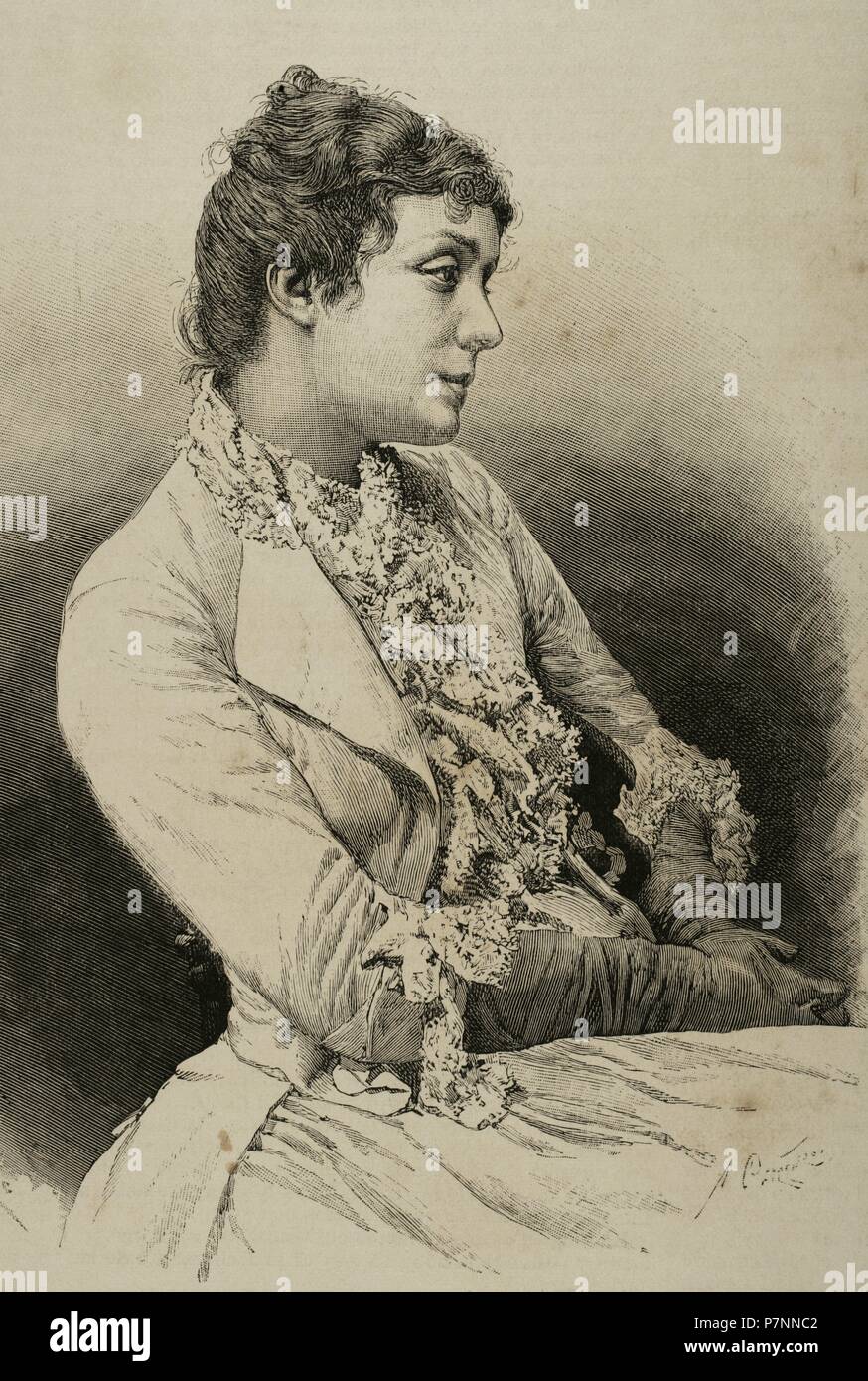 Eleonora Duse (1858-1924). Italienische Schauspielerin. Porträt. Kupferstich von Arturo Carretero. "La Ilustracion Espanola y Americana", 1890. Stockfoto