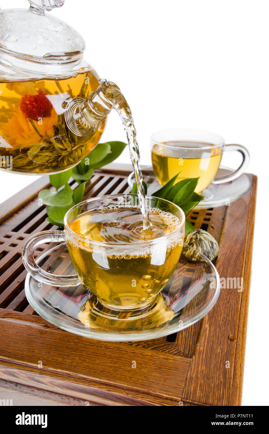 Stillleben mit Glas Teekanne Fluss grüner Tee in Tasse auf weißem Hintergrund, isoliert, Tee-Zeremonie Stockfoto