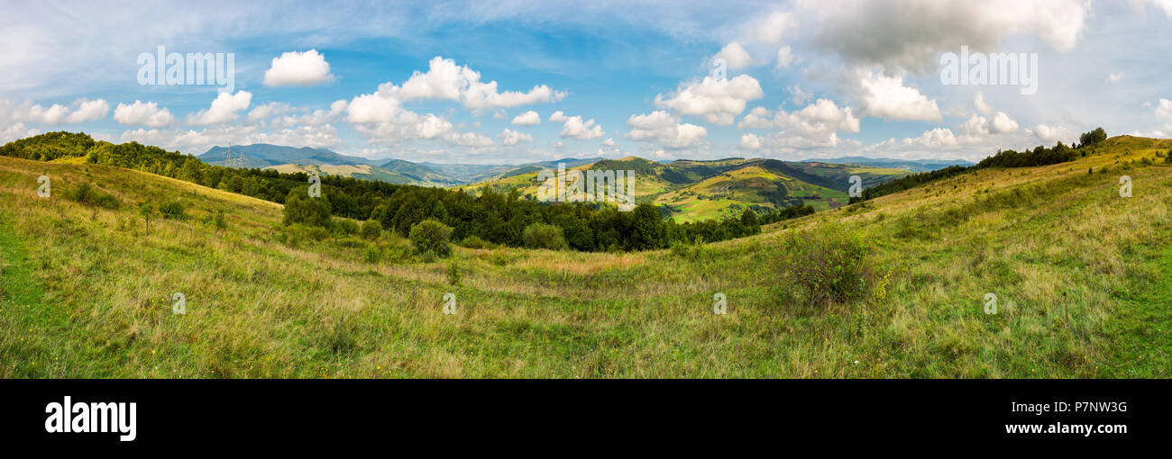 Panorama der gebirgigen Transkarpatien Landschaft. Wunderschöne herbstliche Landschaft. Wunderschöne cloudscape auf blauem Himmel. Wald auf der grasbewachsenen Hügel. Pikui Stockfoto