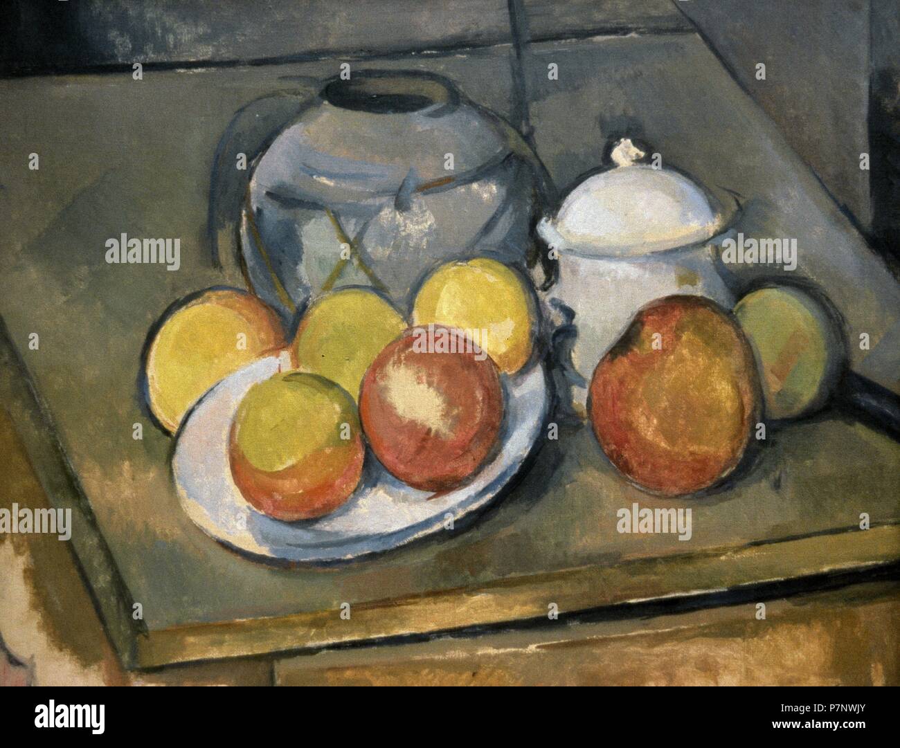 Paul Cézanne (1839-1906). Post-Impressionisten. Stillleben mit Stroh-getrimmten Vase, Zuckerdose und Äpfel, 1890-1893. Orangerie-Museum. Paris. Frankreich. Stockfoto