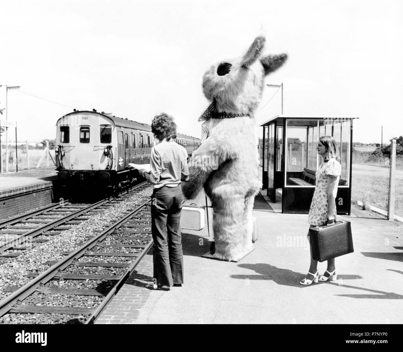 Großen Hasen wartet mit Passagieren auf der Plattform einen Bahnhof, England, Großbritannien Stockfoto