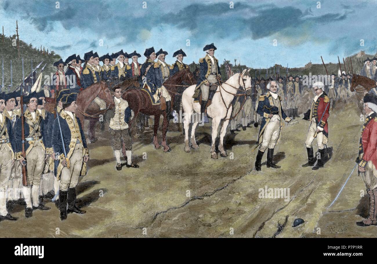 Amerikanischer Unabhängigkeitskrieg (1775-1783). Belagerung von Yorktown. Kapitulation der britischen Major General Lord Charles Cornwallis, (19. Oktober 1781). Die Aktion endet die Belagerung von Yorktown und praktisch garantiert die amerikanische Unabhängigkeit. Gravur. des 19. Jahrhunderts. Farbige. Stockfoto