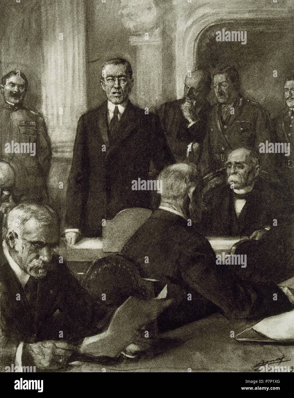 Frankreich. Pariser Friedenskonferenz 1919. Der Präsident der Vereinigten Staaten, Thomas Woodrow Wilson (1856-1924) bei der Präsentation der Premierminister von Frankreich, George Clemenceau (1841-1929) als Leiter der Konferenz. Gravur. 'La Ilustracion Francesa". Stockfoto