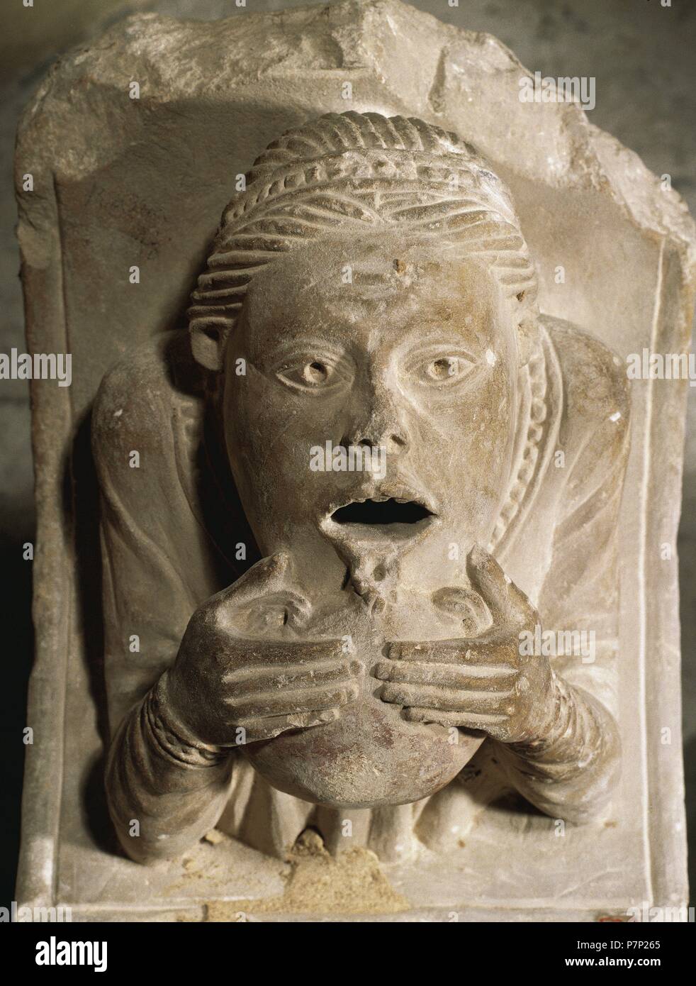 Corbel. Mit einem Musiker eingerichtet. Sandy Stone. Anfang des 13. Jahrhunderts. Von der Kirche St. Johannes der Täufer. Diözesan- und Museum Comarcal Lleida, Katalonien, Spanien. Stockfoto