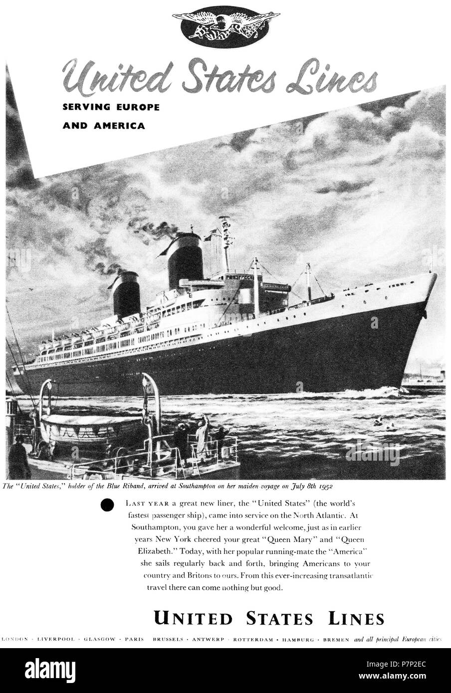 1953 britischen Werbung für United States Lines, mit Ozean Liner "Vereinigten Staaten", Inhaber der Blaue Band. Stockfoto