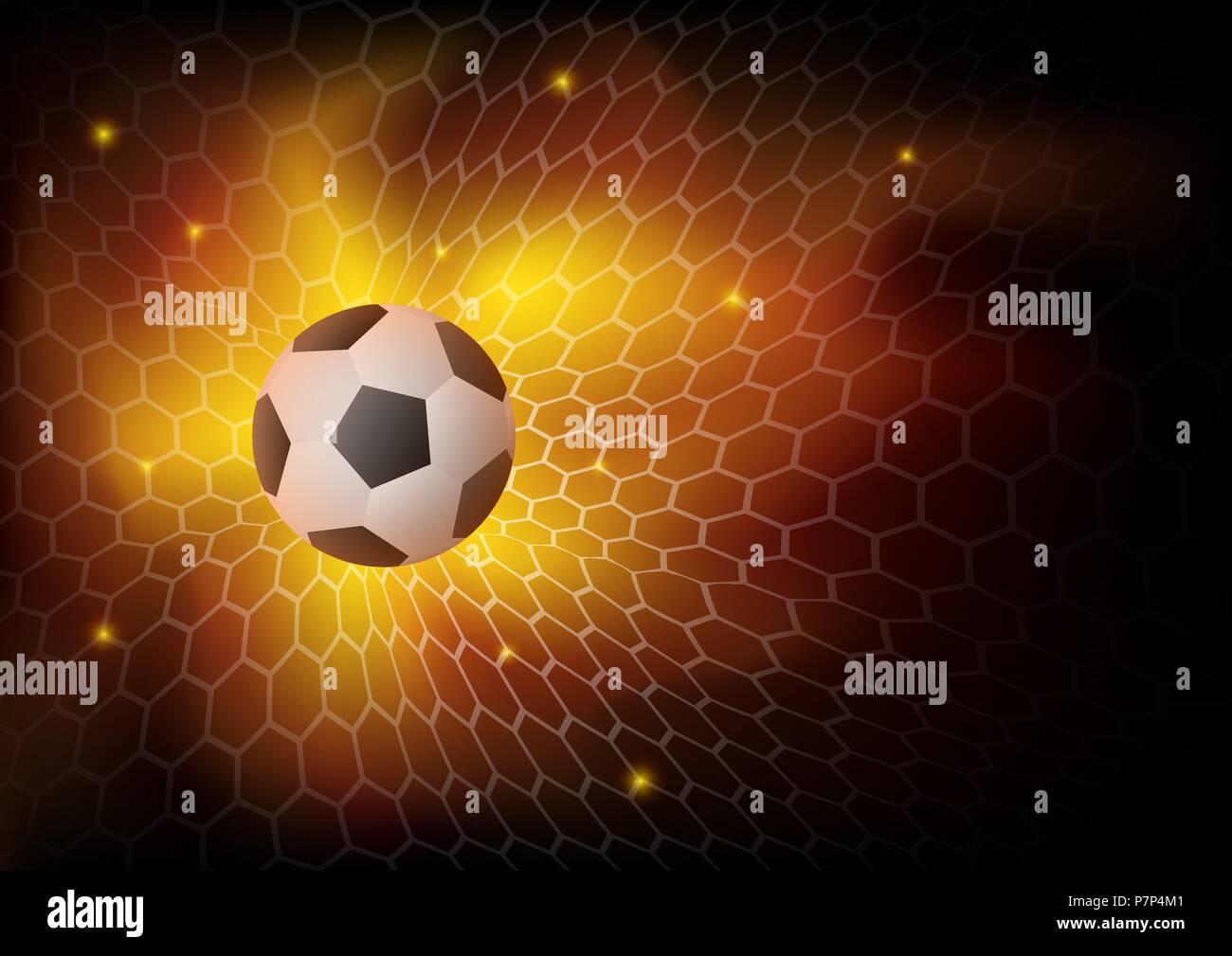 Feuer Fußball Hintergrund, Abstrakt ball spiel ziel Moment mit Ball im Netz. Vector Illustration für die Fußball-Weltmeisterschaft, Spiele. Stock Vektor