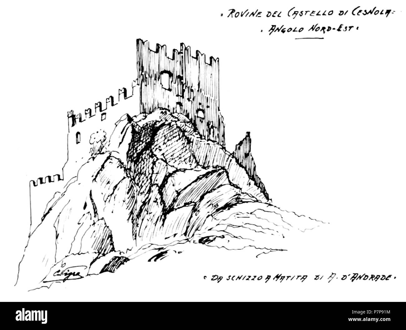 Disegno di Carlo Nigra (1856-1942) sulla Base di Uno schizzo di Alfredo D'Andrade (1839-1915). Angolo nord-est, rovine del Castello di Cesnola, SETTIMO VITTONE, Piemont, Italien. Vor 1942 336 Rovine del Castello di cesnola nigra Stockfoto