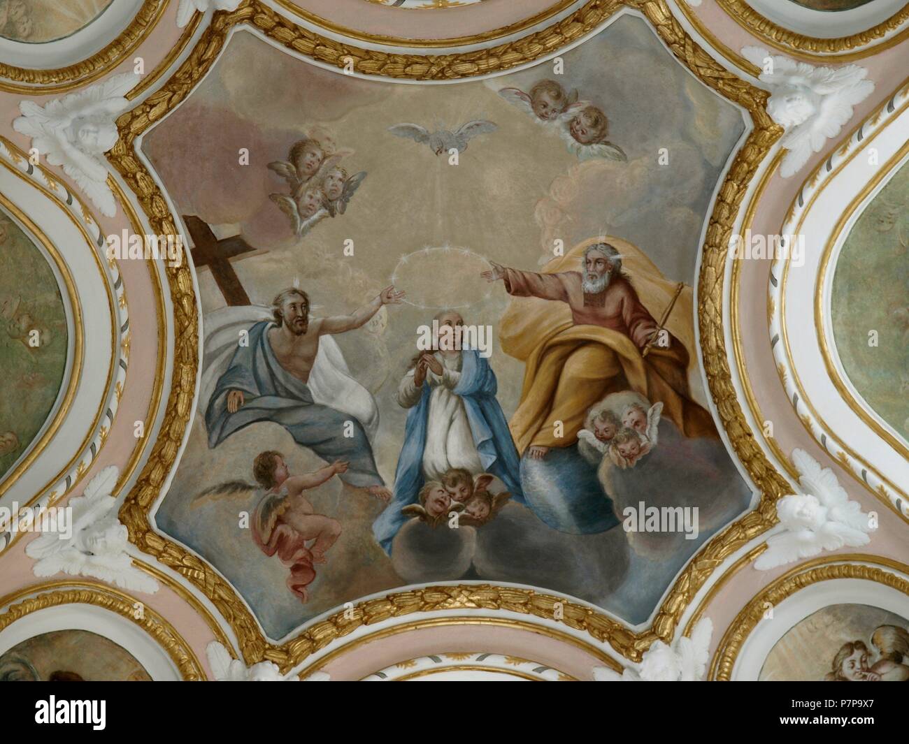 CATEDRAL DE SANTA MARIA Y SAN JULIAN O Catedral de Nuestra Señora de Gracia. Interieur, Capilla del Pilar. Torquemada PINTADA AL FRESCO, LA CORONACION DE LA VIRGEN. CUENCA, ESPAÑA. Stockfoto