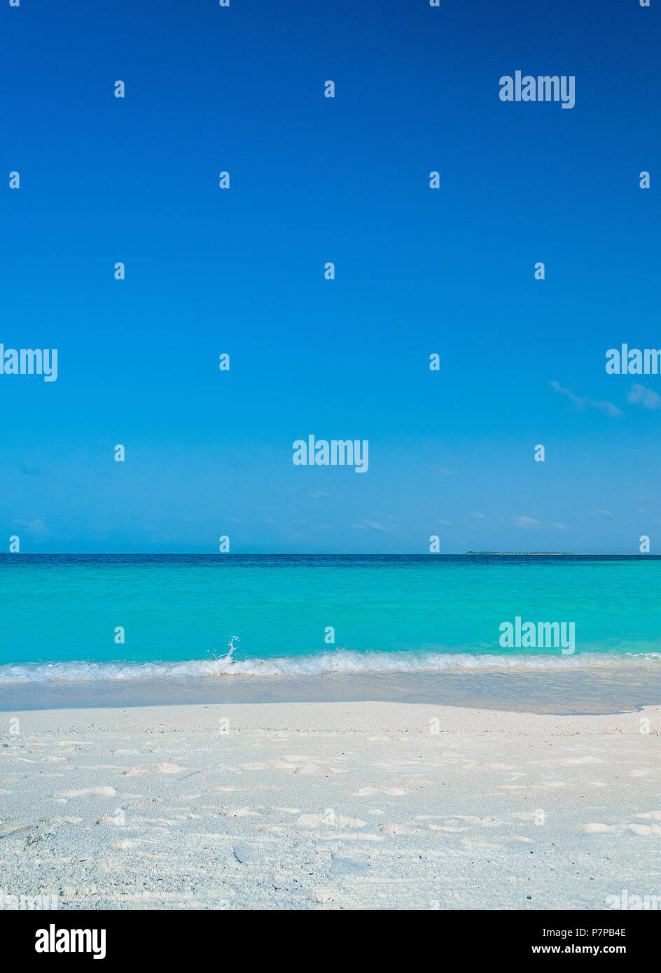 Der perfekte Strand. Beach Bungalow. Luxus entkommen. Tropisches Paradies. Flitterwochen auf den Malediven. Palmen und weißen Sund. Blue Ocean. Malediven schöner Strand Stockfoto