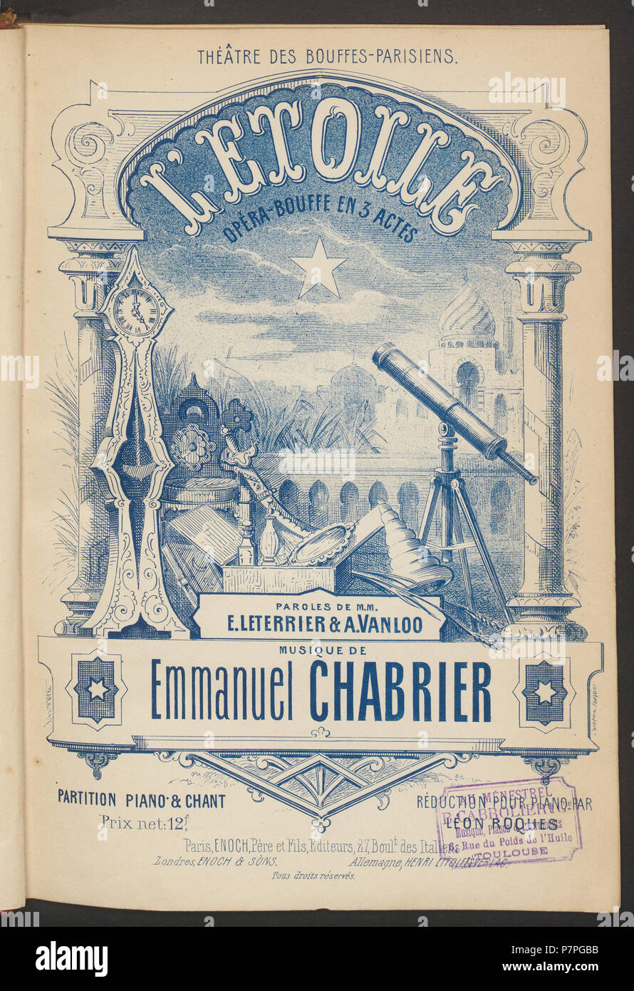 Englisch: Abdeckung in einem 19. Jahrhundert Ausgabe von Emmanuel Chabrier "L'Etoile". Zwischen 1877 und 1899 (erscheint 1877, die Partitur scheint identisch zu dieser,, welche veraltet ist 1877 von IMSLP zu sein. 88 Chabrier, Emmanuel - Etoile Stockfoto