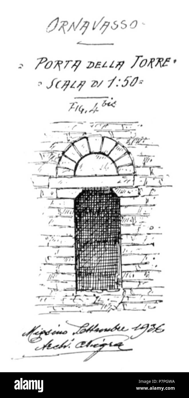 Italiano: Ornavasso, Porta della Torre. September 1936 159 Abb. 4 biz Ornavasso, p129, pianta Torre di Vedetta al Boden e Porta della Torre, dis nigra Sett 1936, nigra il Novarese Stockfoto