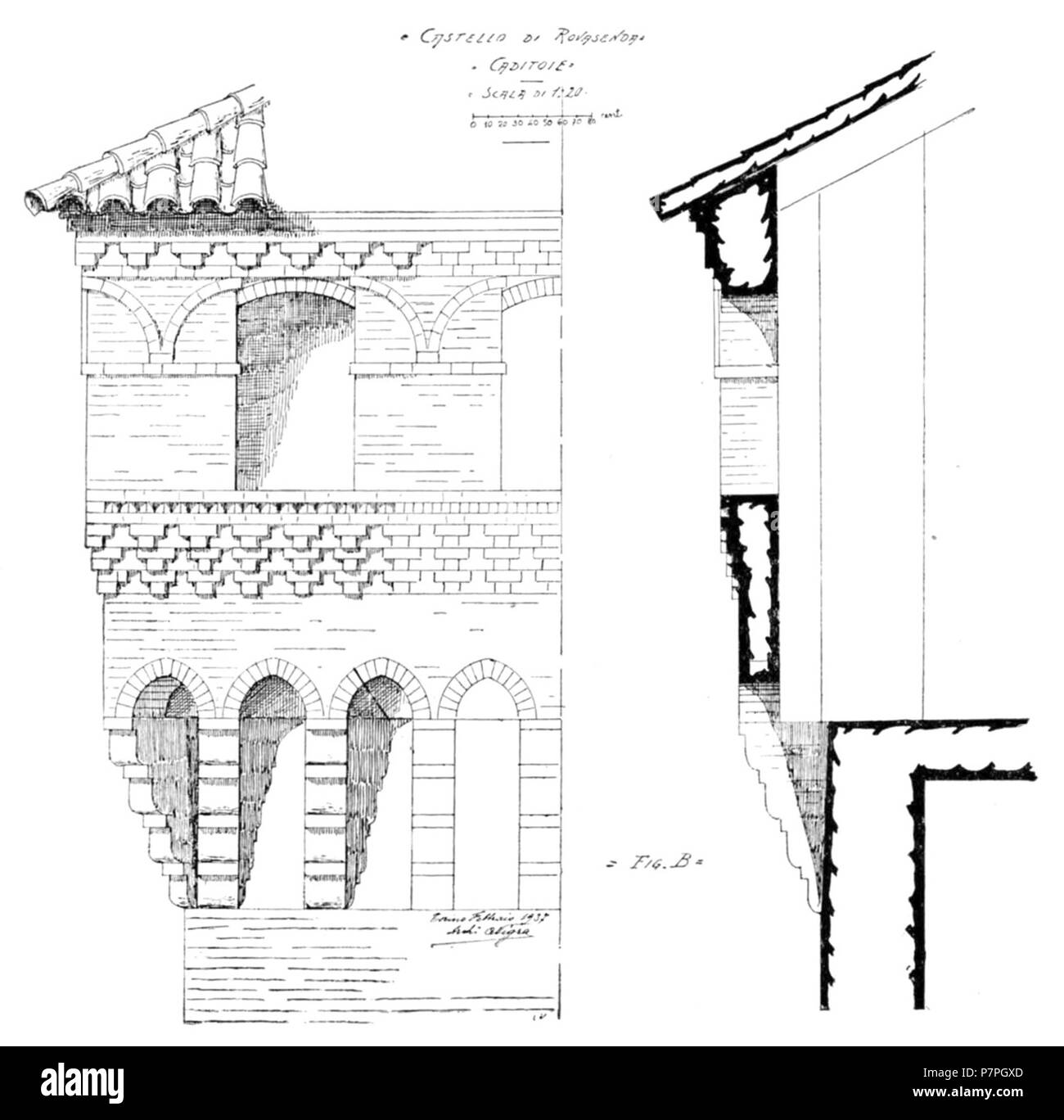 Italiano: Caditoie del Castello di Rovasenda. Februar 1937 159 Abb. B dis nigra, p127, caditoie Castello di rovasenda Feb 1937 nigra il Novarese Stockfoto