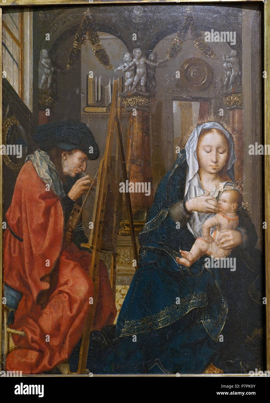 Englisch: Ausstellung im Fogg Art Museum, Harvard University, Cambridge, Massachusetts, USA. Dieses Kunstwerk ist in der Weil der Künstler vor mehr als 70 Jahren starb. 11 April 2015, 11:23:14 339 heilige Lukas Malerei die Jungfrau und das Kind, Meister des Heiligen Blutes, Niederländischen, C. 1520, Öl auf Eichenholz panel-Fogg Art Museum, Harvard University - DSC 01020 Stockfoto