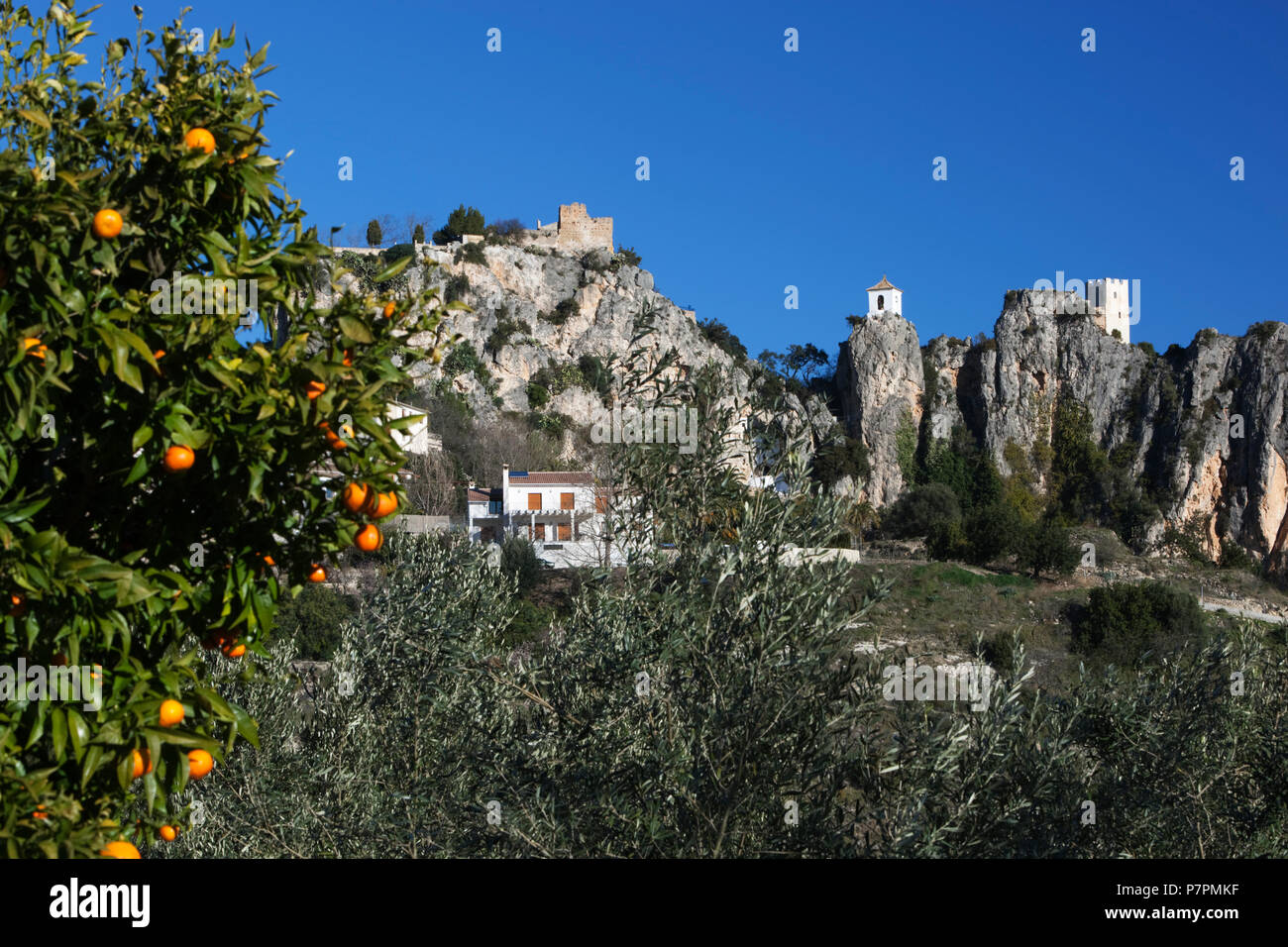 Blick auf den Glockenturm und Castell de Guadalest mit orange Baum im Vordergrund. Stockfoto