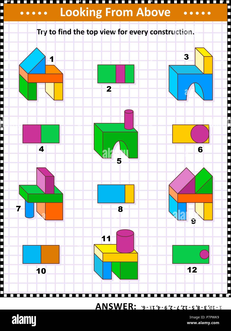 Pädagogische math Puzzle: Hier finden Sie die Ansicht von oben für jede der Spielzeug Bausteine Strukturen. Antwort enthalten. Stock Vektor