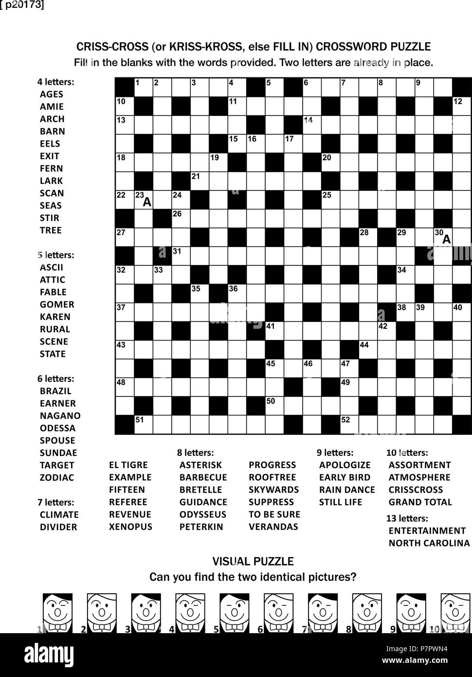 Puzzle Seite mit zwei Spiele: 19 x 19 Fill-in (oder Criss-cross, sonst Kriss  - kross) Kreuzworträtsel und visuelle Puzzle. Schwarz und Weiß, im A4 oder  Letter-Format. Antworten sind auf separate Datei Stock-Vektorgrafik -