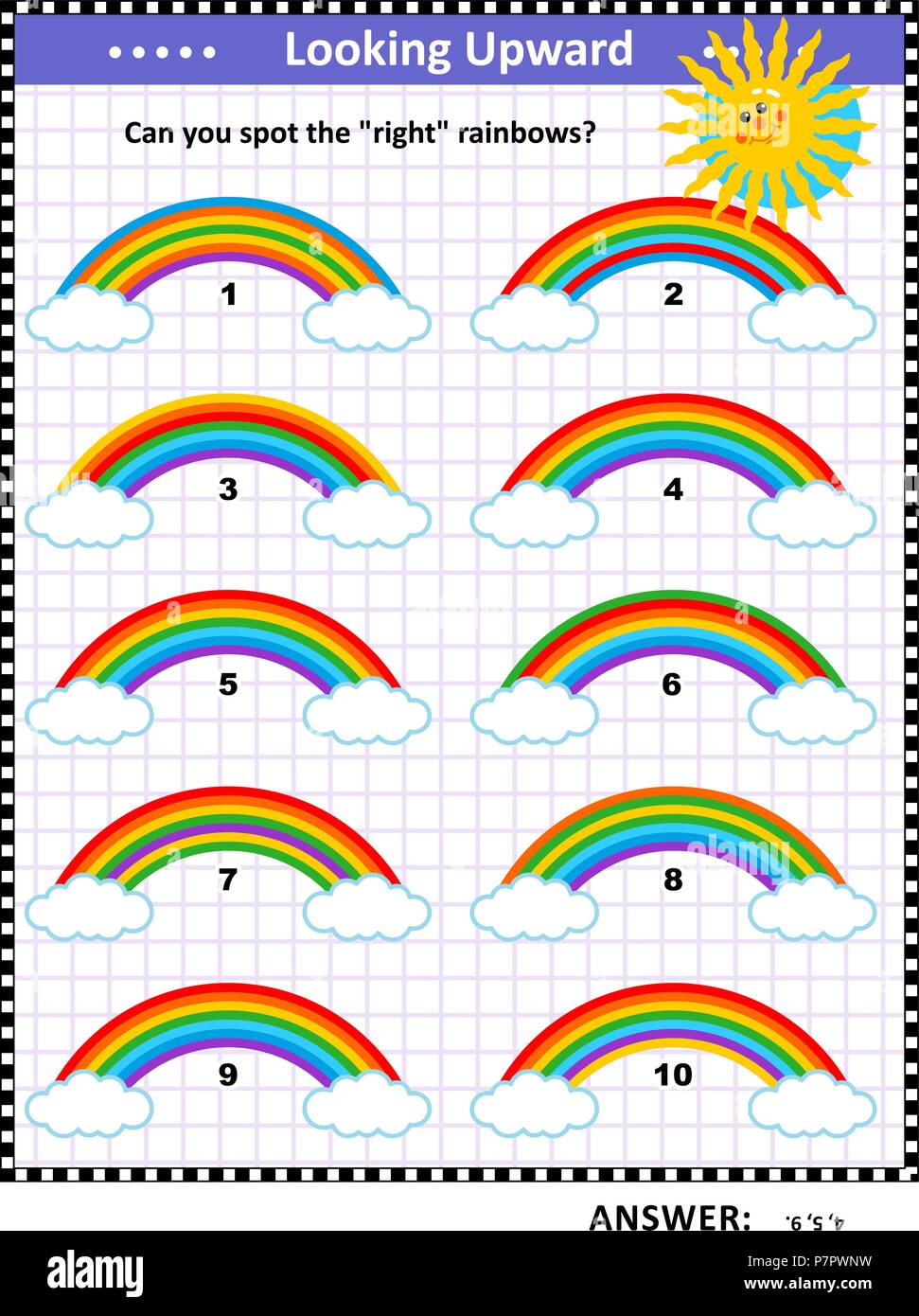 Visuelle Puzzle oder Bild Rätsel für Kinder: Hier finden Sie die richtige  Regenbögen. Antwort enthalten Stock-Vektorgrafik - Alamy