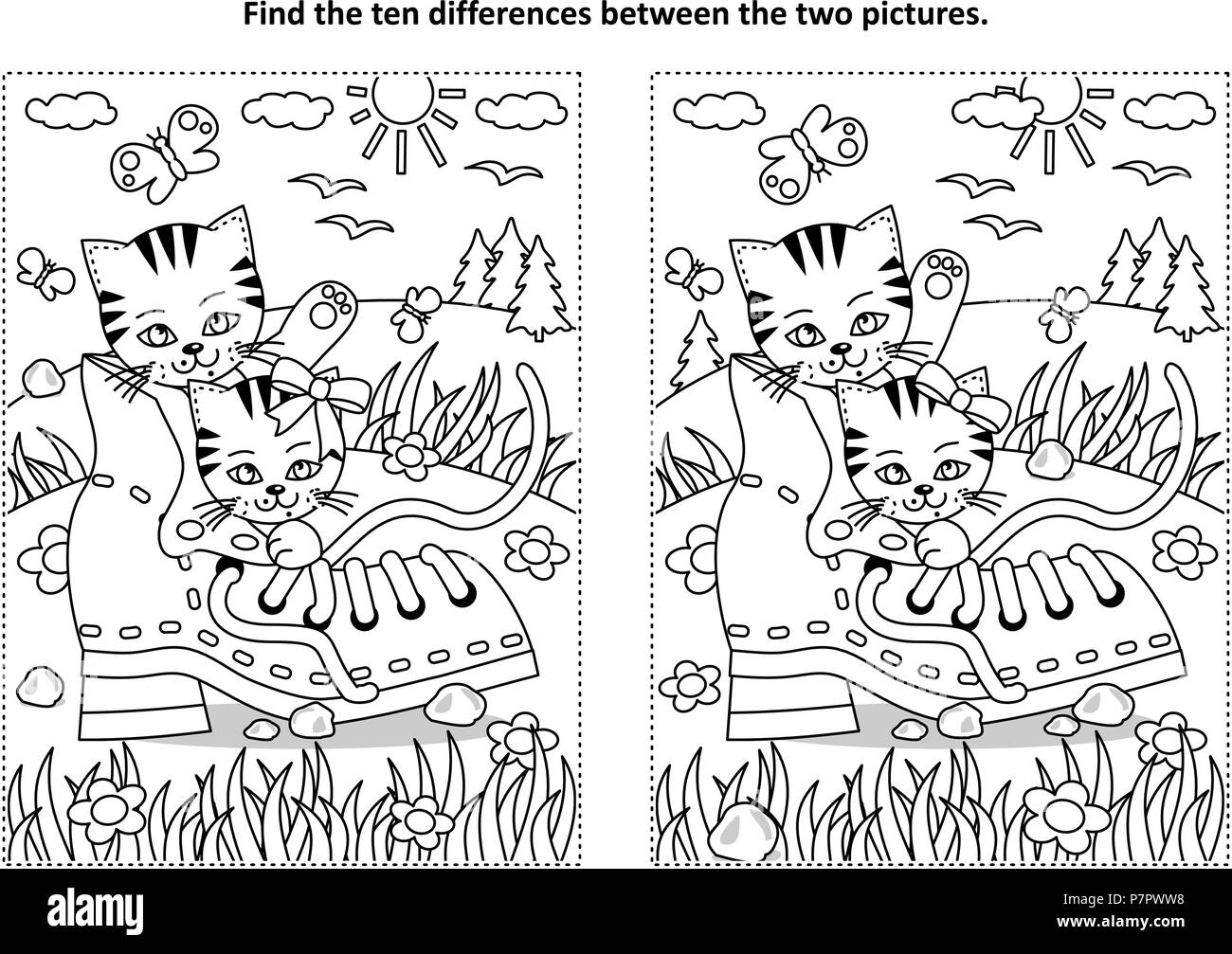 Finde die zehn Unterschiede Bild Puzzle und Färbung Seite mit zwei süße verspielte Kätzchen und alten Schuh Stock Vektor
