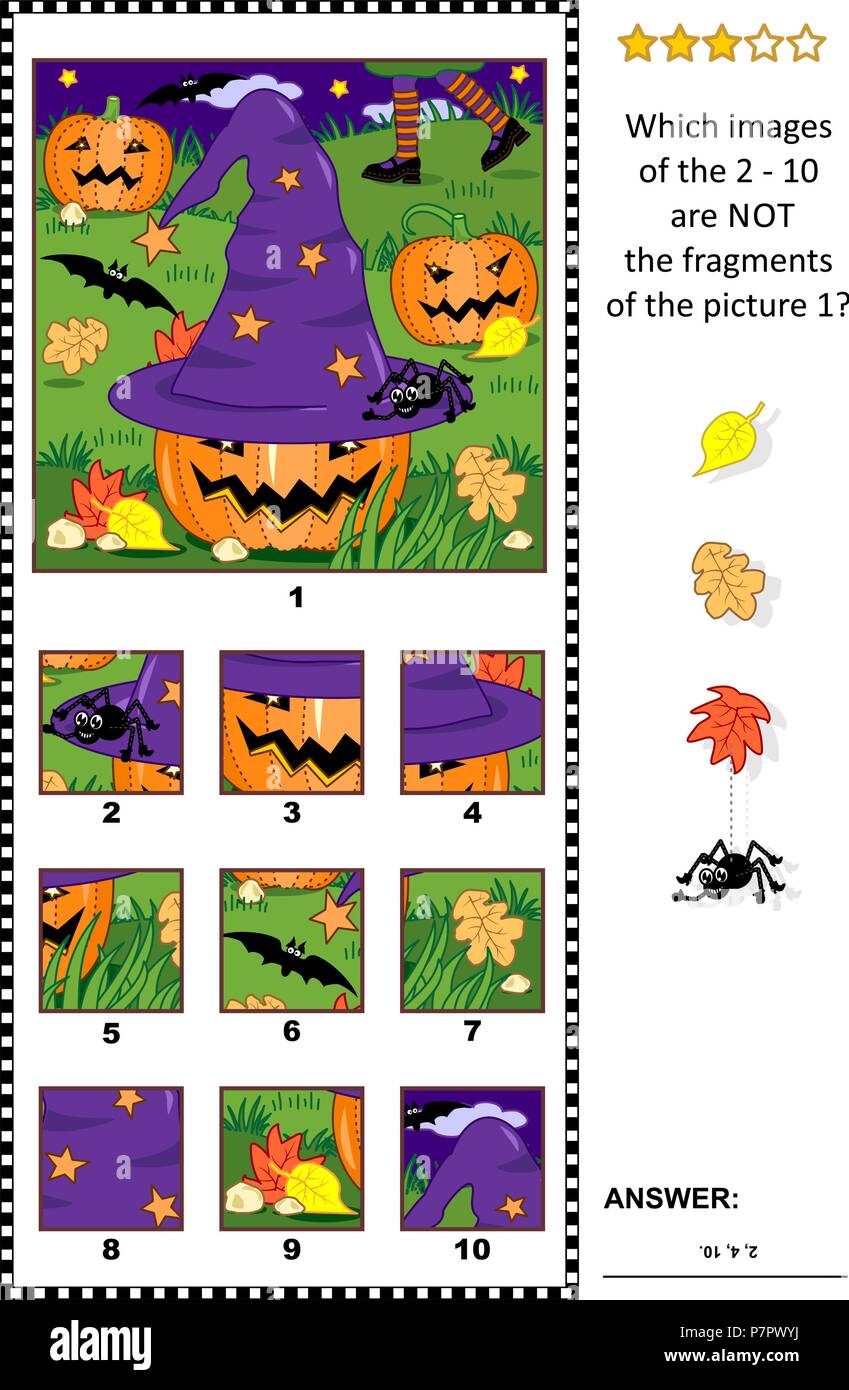 Halloween themed visuelle Puzzle mit Hexenhut, Kürbisse und Nacht Szene: Was ist mit den 2 - 10 sind nicht die Fragmente der Bild 1? Antwort enthalten. Halloween, Hut, Puzzle, Fragmente, Spiel, Visual, Logik, Rätsel, Fallen, Herbst, Hexe, Kürbis, Kürbisse, Feld, Nacht, Szene, Spinnen, Fledermäuse, finden, anders, gleichen, Fragment, Teil, Detail, Teile, Details, gehören, was nicht gehört, Bild, Differenz, Cartoon, fun, Freizeit, Hobby, Unterhaltung, Kids, Kinder, Aktivität, Bildung, Illustration, Vektor Stock Vektor