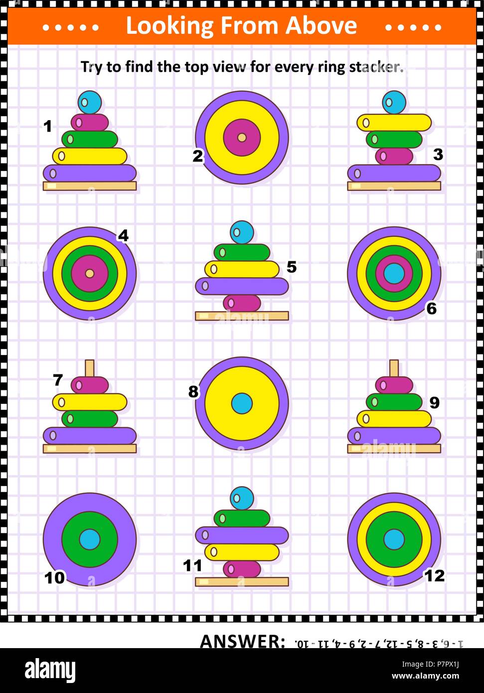 Mathematik visuelle Puzzle oder Bild Rätsel mit bunten hölzernen Ring  stapeln Spielzeug: Versuchen Sie die Ansicht von oben für jeden Ring  Stapler zu finden. Antwort enthalten Stock-Vektorgrafik - Alamy