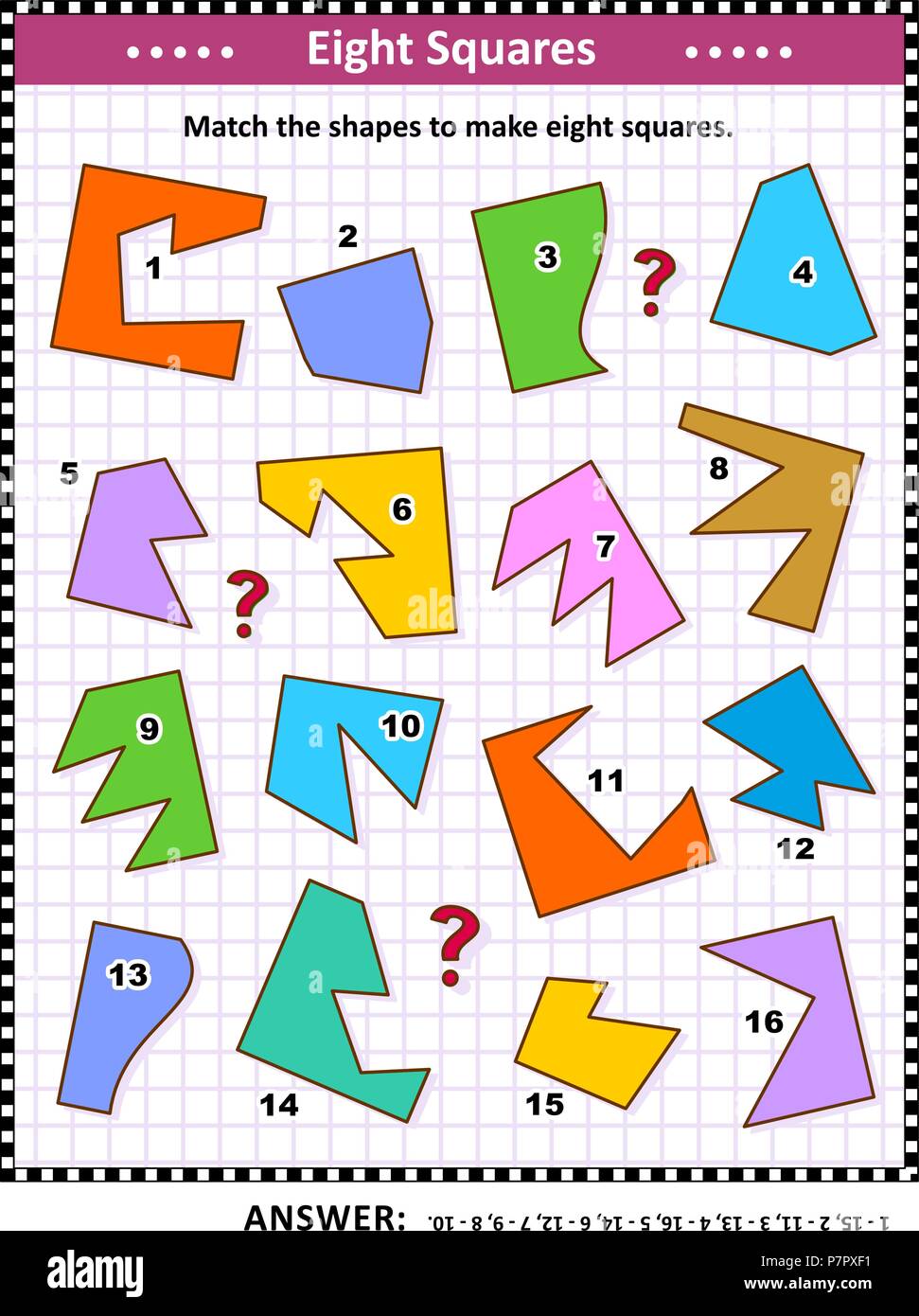 IQ und räumlichen Fähigkeiten Ausbildung Mathematik visuelle Puzzle: Entsprechen die Formen acht Quadrate zu bilden. Antwort enthalten. Stock Vektor