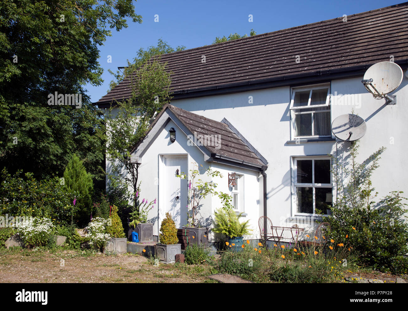 Irish Country Cottage mit 21. Jahrhundert Satellitenschüsseln Stockfoto