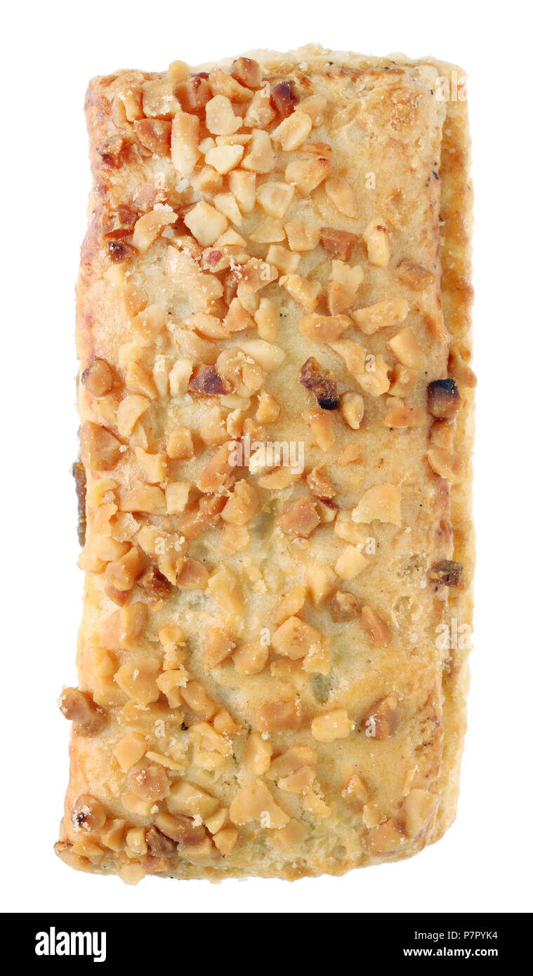 In Scheiben geschnittenen gerösteten Erdnüssen auf der Oberfläche einer shortbread Cookie mit Apple Jam. Auf weissem studio Makro essen Schuß isoliert Stockfoto