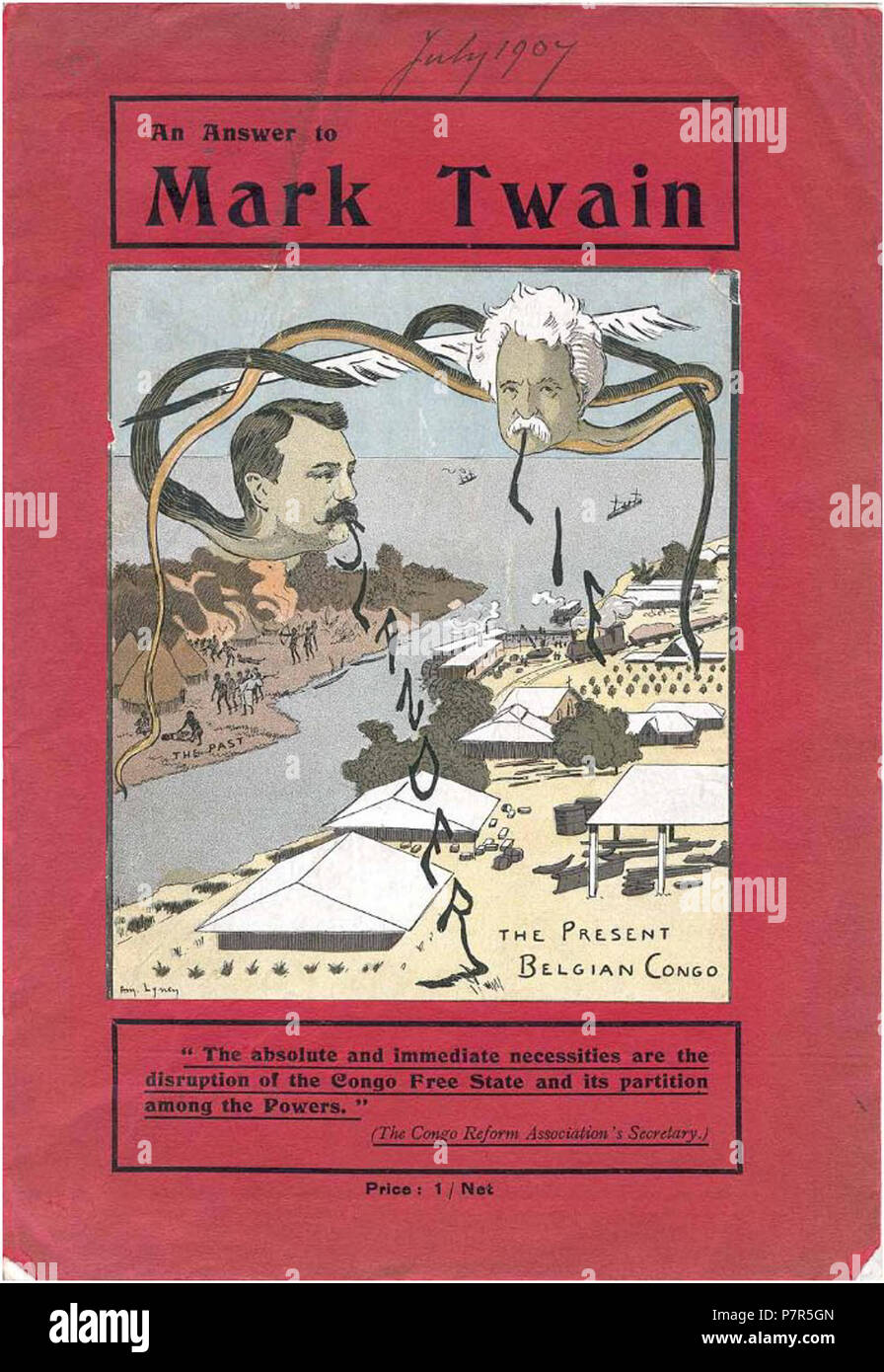Nederlands: Abdeckung an der Vorderseite von eine Antwort auf Mark Twain, anonym in Brüssel veröffentlicht (1907) in ihrer Antwort auf den König Leopolds Selbstgespräch. Abgebildet sind Mark Twain und E.D. Morel. 27 August 2015 21 ein AnswerTwain Stockfoto