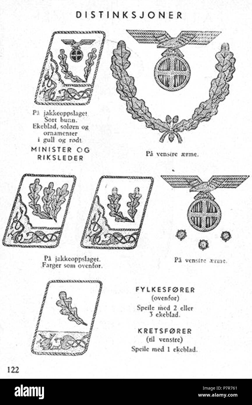 Norsk Bokmål: NS Nasjonal Samling Aarbok 1944 s 122 Distinksjoner Norsk Bokmål: og Uniformer Merker für Nasjonal Samling (NS), Vidkun Quislinge nasjonalsosialistiske Parti 1933 - 1945. Beskåret, lavoppløst Foto fra PDF med sideoppslag fra NS Årbok 1944" utgitt av trykt propagandaledelsen "og hos Mariendals boktrykkeri, Gjøvik 1943: http://krigsbilder.net/coppermine/albums/NS-AARBOK1944/NS rbok 1944.pdf (Nasjonal Samling (NS) opphørte ved slutten av Andre verdenskrig i Europa i Mai 1945. I 2015 er det über 70 år siden utgivelsen, og derfor innholdet Antas å Falle i det Fri ifølge Norsk lov om opp Stockfoto