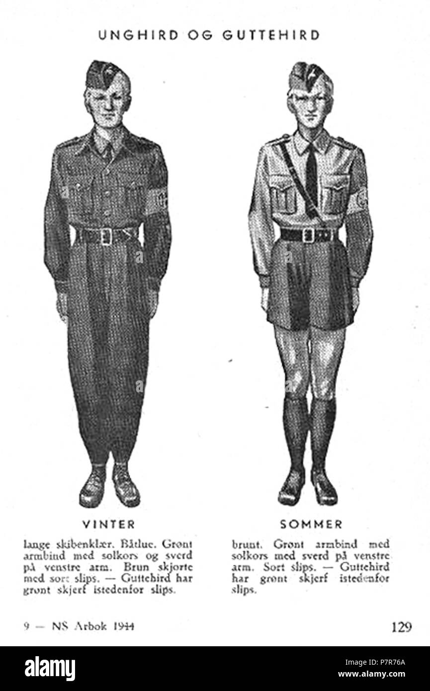 Norsk Bokmål: NS Nasjonal Samling Aarbok 1944 s 129 (uniformer) Guttehird Unghird og Norsk Bokmål: og Uniformer Merker für Nasjonal Samling (NS), Vidkun Quislinge nasjonalsosialistiske Parti 1933 - 1945. Beskåret, lavoppløst Foto fra PDF med sideoppslag fra NS Årbok 1944" utgitt av trykt propagandaledelsen "og hos Mariendals boktrykkeri, Gjøvik 1943: http://krigsbilder.net/coppermine/albums/NS-AARBOK1944/NS rbok 1944.pdf (Nasjonal Samling (NS) opphørte ved slutten av Andre verdenskrig i Europa i Mai 1945. I 2015 er det über 70 år siden utgivelsen, og derfor innholdet Antas å Falle i det Fri iføl Stockfoto