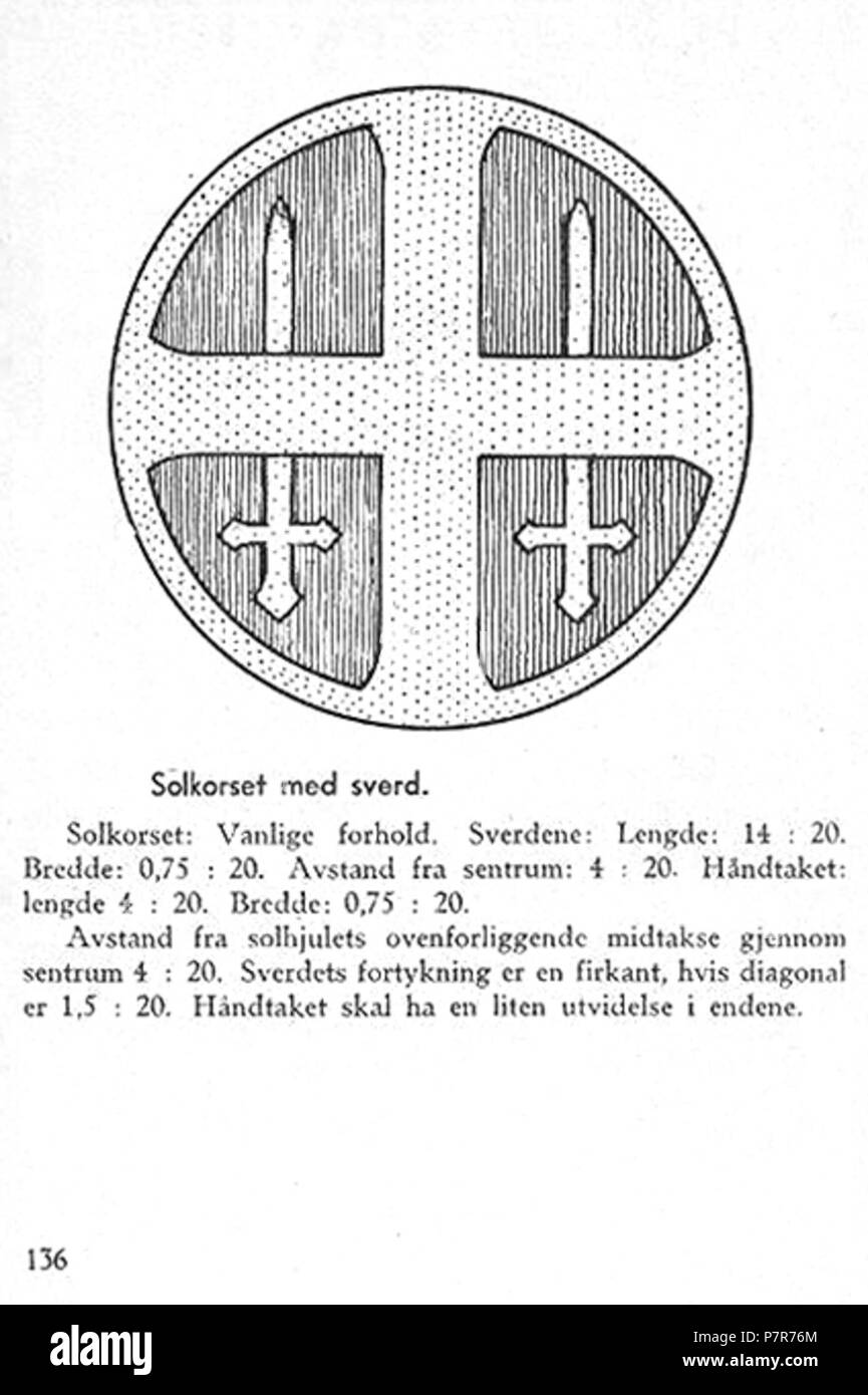 Norsk Bokmål: NS Nasjonal Samling Aarbok 1944 s 136 Solkorset med sverd Norsk Bokmål: og Uniformer Merker für Nasjonal Samling (NS), Vidkun Quislinge nasjonalsosialistiske Parti 1933 - 1945. Beskåret, lavoppløst Foto fra PDF med sideoppslag fra NS Årbok 1944" utgitt av trykt propagandaledelsen "og hos Mariendals boktrykkeri, Gjøvik 1943: http://krigsbilder.net/coppermine/albums/NS-AARBOK1944/NS rbok 1944.pdf (Nasjonal Samling (NS) opphørte ved slutten av Andre verdenskrig i Europa i Mai 1945. I 2015 er det über 70 år siden utgivelsen, og derfor innholdet Antas å Falle i det Fri ifølge Norsk lov Stockfoto