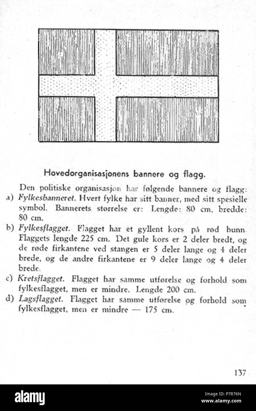 Norsk Bokmål: NS Nasjonal Samling Aarbok 1944 s 137 Bannere og flagg Norsk Bokmål: og Uniformer Merker für Nasjonal Samling (NS), Vidkun Quislinge nasjonalsosialistiske Parti 1933 - 1945. Beskåret, lavoppløst Foto fra PDF med sideoppslag fra NS Årbok 1944" utgitt av trykt propagandaledelsen "og hos Mariendals boktrykkeri, Gjøvik 1943: http://krigsbilder.net/coppermine/albums/NS-AARBOK1944/NS rbok 1944.pdf (Nasjonal Samling (NS) opphørte ved slutten av Andre verdenskrig i Europa i Mai 1945. I 2015 er det über 70 år siden utgivelsen, og derfor innholdet Antas å Falle i det Fri ifølge Norsk lov om Stockfoto