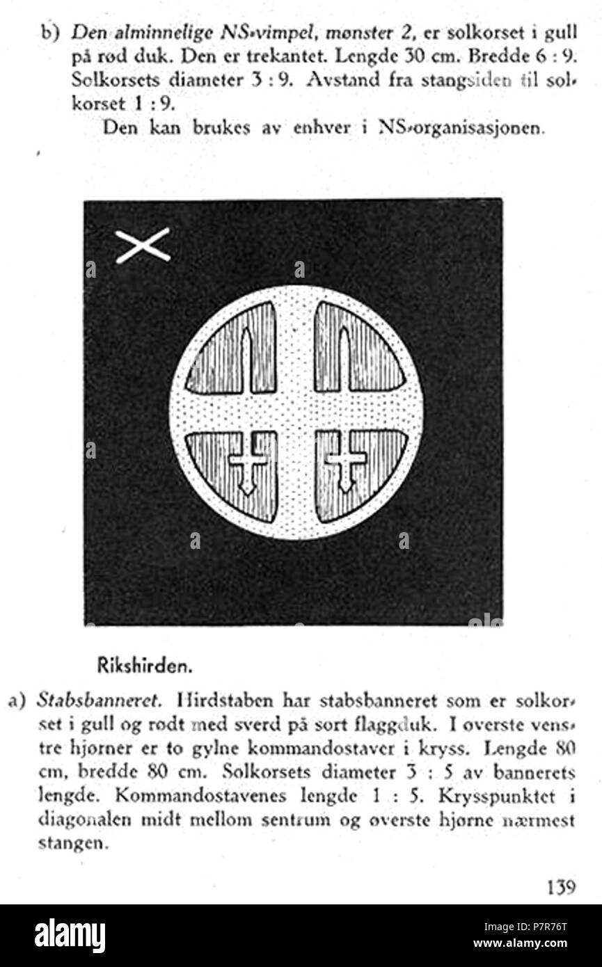 Norsk Bokmål: NS Nasjonal Samling Aarbok 1944 s139 uniformer (Rikshirden flagg) Norsk Bokmål: og Uniformer Merker für Nasjonal Samling (NS), Vidkun Quislinge nasjonalsosialistiske Parti 1933 - 1945. Beskåret, lavoppløst Foto fra PDF med sideoppslag fra NS Årbok 1944" utgitt av trykt propagandaledelsen "og hos Mariendals boktrykkeri, Gjøvik 1943: http://krigsbilder.net/coppermine/albums/NS-AARBOK1944/NS rbok 1944.pdf (Nasjonal Samling (NS) opphørte ved slutten av Andre verdenskrig i Europa i Mai 1945. I 2015 er det über 70 år siden utgivelsen, og derfor innholdet Antas å Falle i det Fri ifølge n Stockfoto