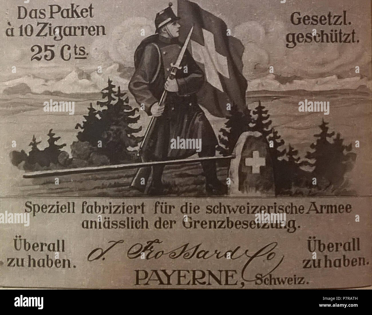Englisch: Zigarre ad in der Schweizer Illustrierten während des Zweiten Weltkriegs veröffentlicht Ich, viel versprechende Unterstützung für die Schweizer Armee mit Gewinn. 1916 359 Schweizer Armee Rekrutierung Ad Stockfoto