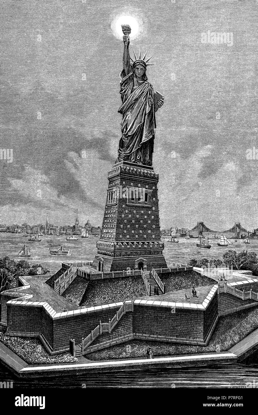 Estados Unidos de América. Nueva York. Faro monumentale conocido Como la estatua de la Libertad. Grabado de 1885. Stockfoto