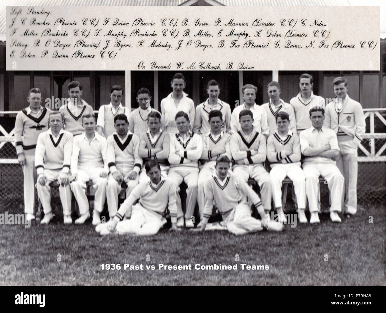 Englisch: Kombinierte cricket Teams von Vergangenheit und Gegenwart die Schüler von Belvedere Hochschule 1936. 8 1936 Vergangenheit vs vorhanden 3. Stockfoto