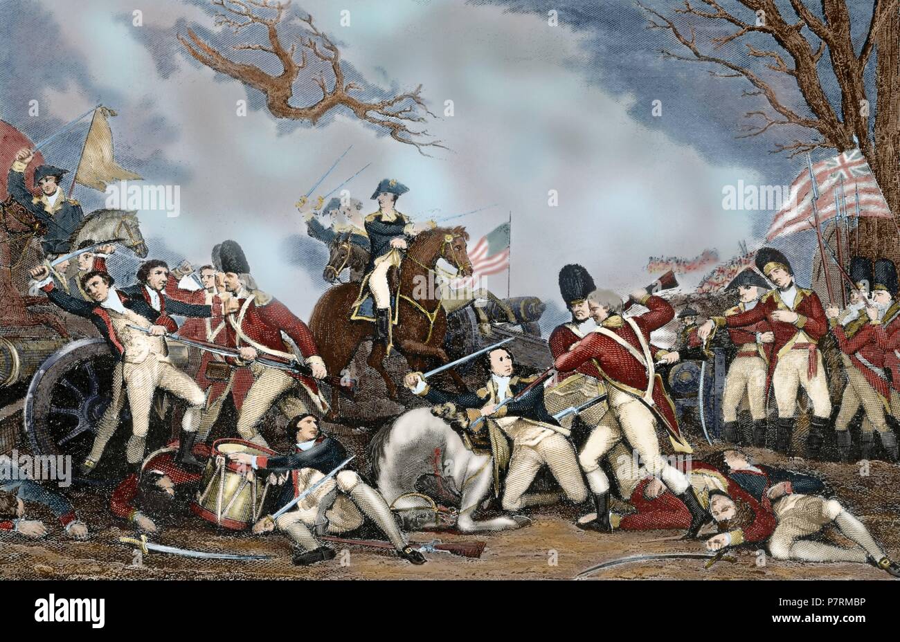Amerikanischer Unabhängigkeitskrieg (1775-1783). Die Schlacht von Princeton (3. Januar 1777). Der General George Washington revolutionären Kräfte besiegten britische Truppen in der Nähe von Princeton, New Jersey. Gravur. des 19. Jahrhunderts. Farbige. Stockfoto