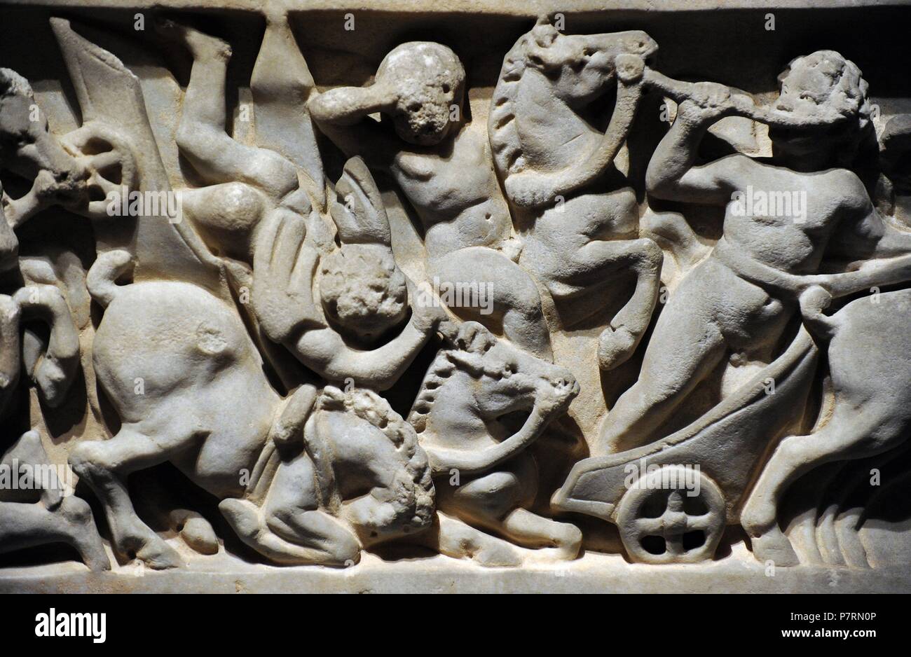 Römischer Sarkophag mit der Darstellung eines Karren Rennen im Zirkus. Detail. Ende der Antonine Ära. Unbekannter Künstler. Marmor. National Gallery. Oslo. Norwegen. Stockfoto