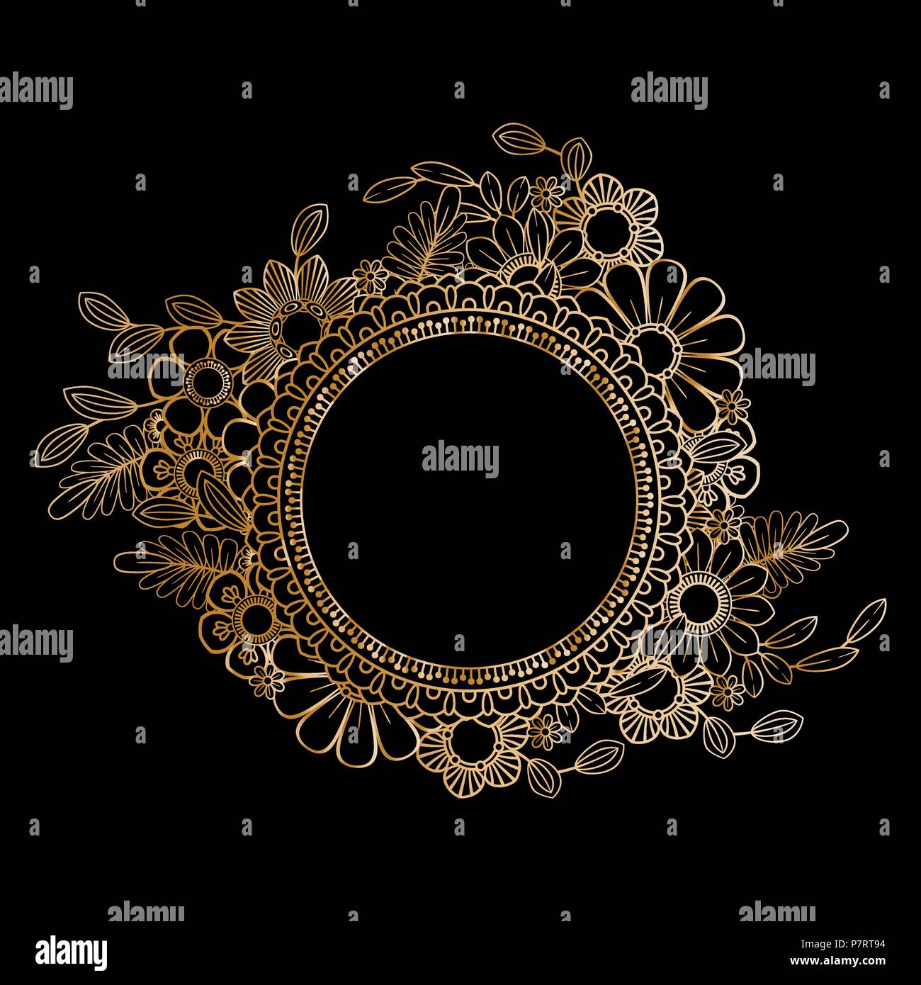 Goldene Blumen frame Vorlage. Blumen und Pflanzen runden Rahmen. Design Element mit Platz für Ihren Text. Vector Illustration. Stock Vektor