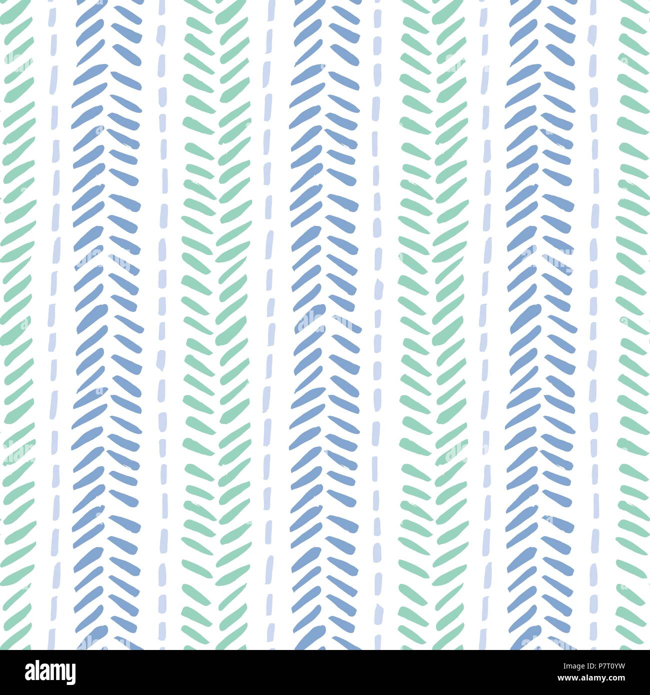 Hand blau Töne tribal Linien und Streifen, imitiert Folk fischgrat Stitching auf weißem Hintergrund dargestellt. Vektor nahtlose Muster. Stock Vektor