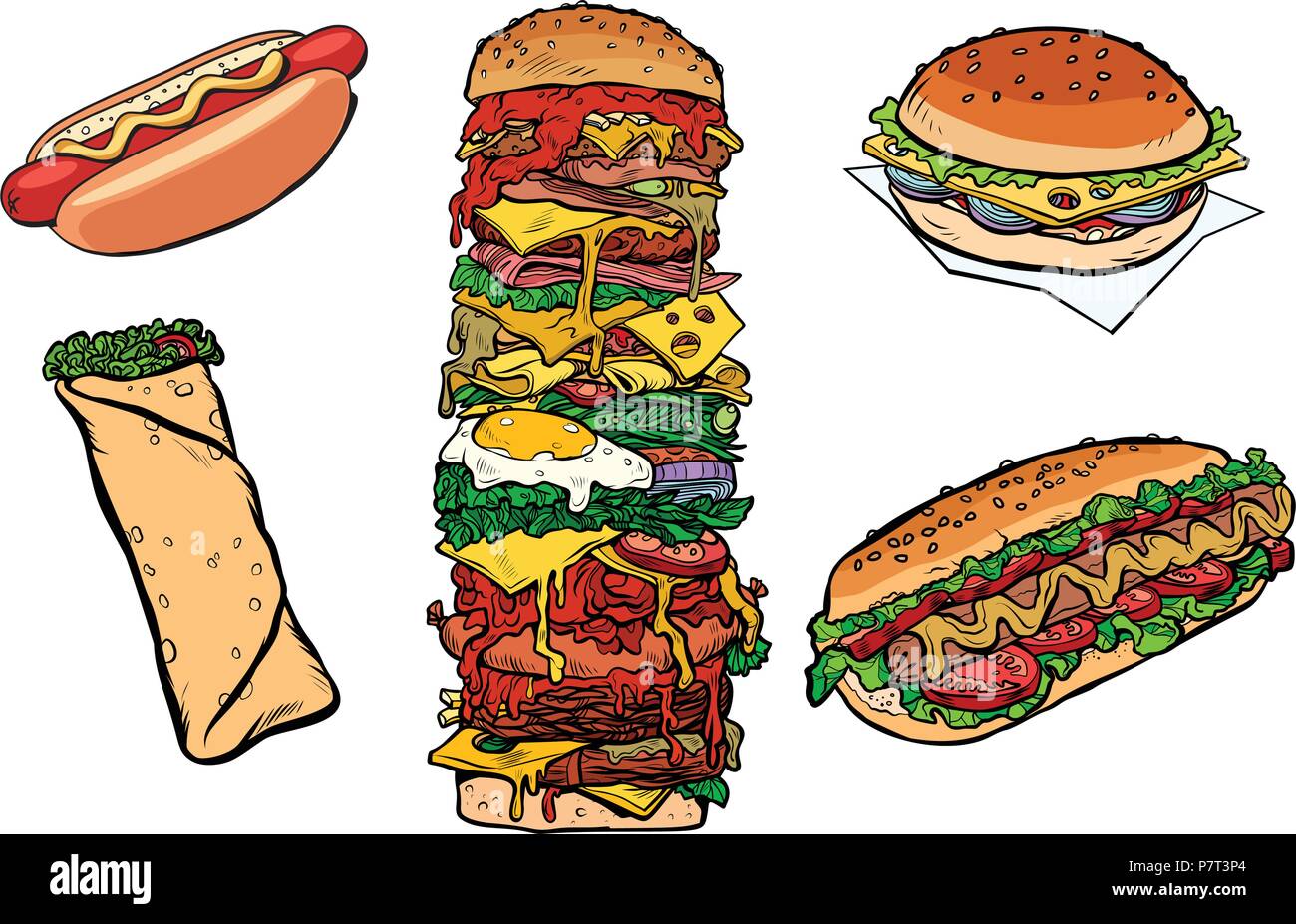 Sammlung kebab Fast Food Burger hot dog Shawarma Döner. Pop Art retro Vektor illustration Kitsch vintage Zeichnung Stock Vektor