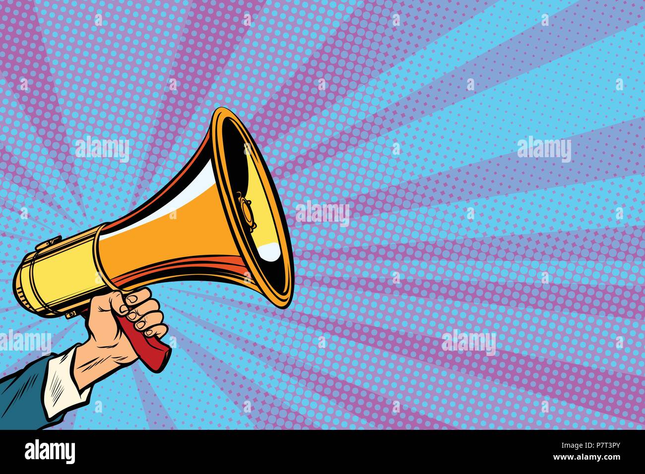 Geschäftsmann Hand hält ein Megaphon. Pop Art retro Vektor vintage Kitsch illustration Zeichnung Stock Vektor