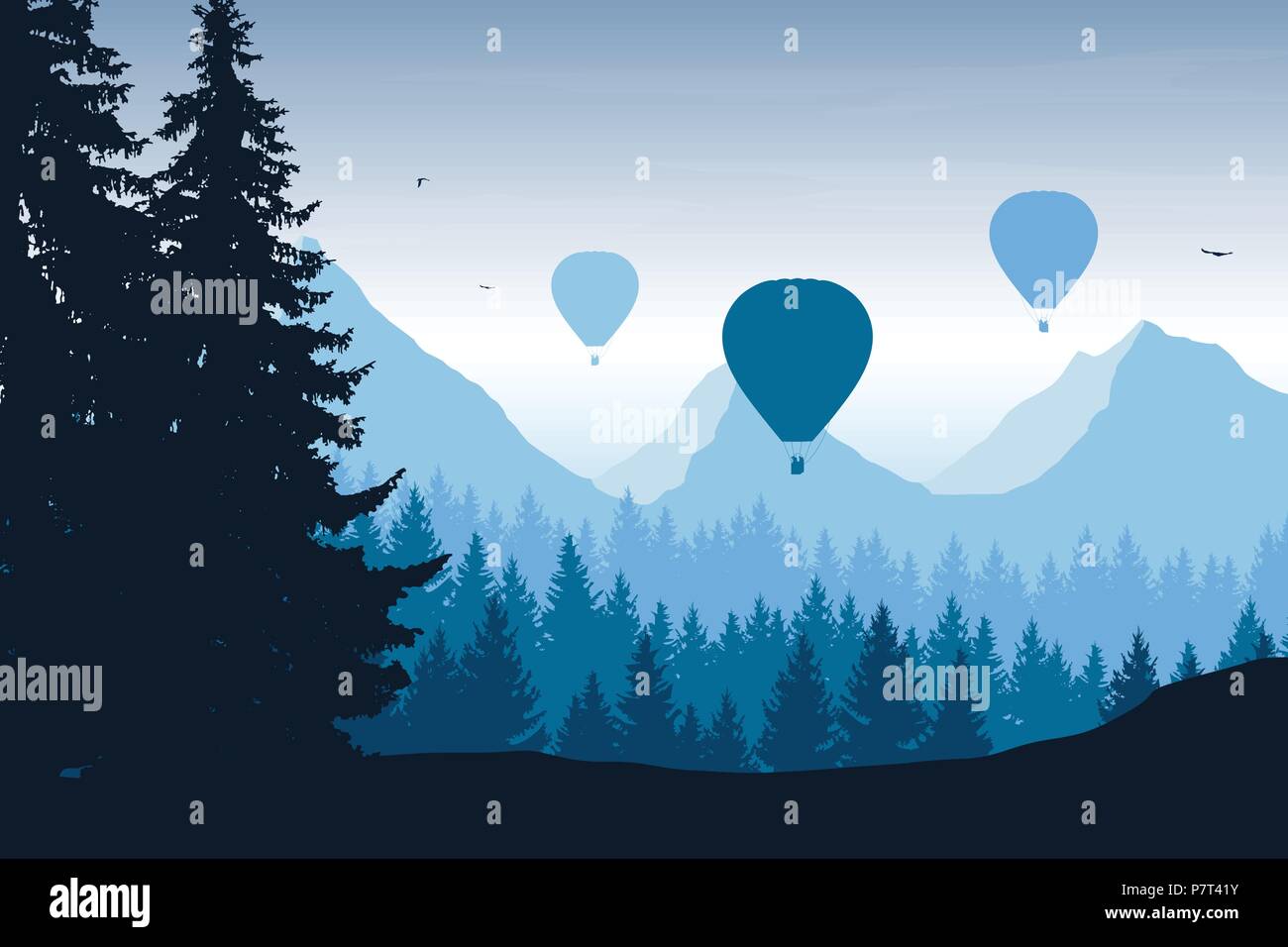 Vector Illustration der Berglandschaft mit Wald, fliegenden Heißluftballons und Vögel in blauer Himmel mit Wolken Stock Vektor