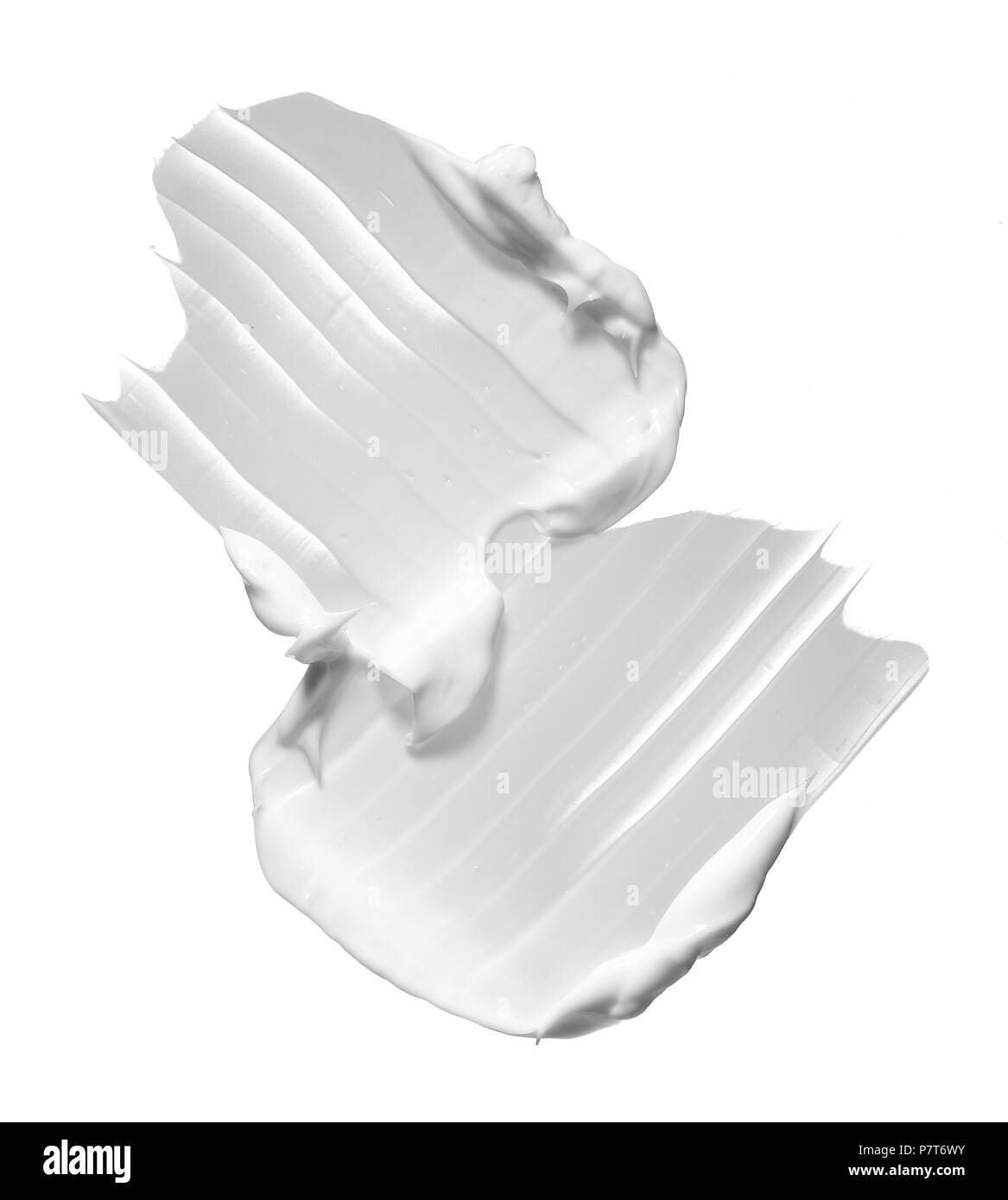 Weiß Abstrich von kosmetischen Creme auf weißem Hintergrund. Weiße cremige Foundation Textur auf weißem Hintergrund Stockfoto
